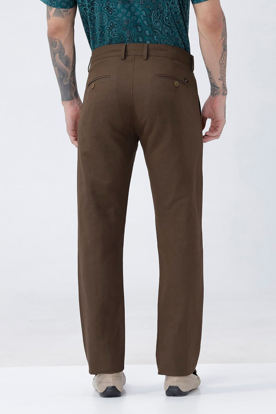 BASICS TAPERED FIT DESERT PALM BROWN COTTON LINEN STRUCTURE TROUSER