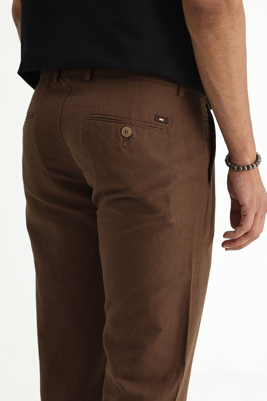 BASICS TAPERED FIT DESERT PALM BROWN COTTON LINEN STRUCTURE TROUSER