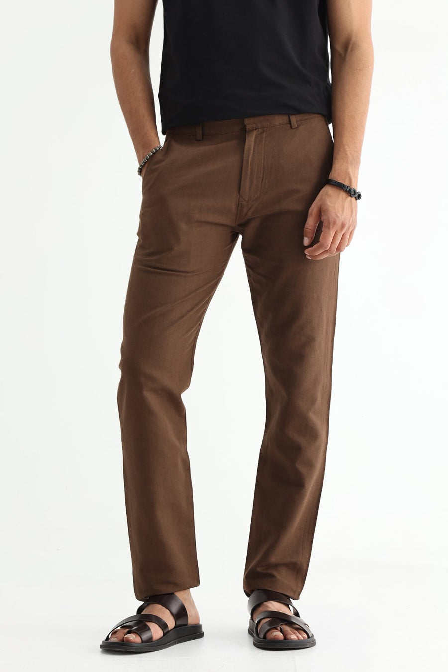 BASICS TAPERED FIT DESERT PALM BROWN COTTON LINEN STRUCTURE TROUSER