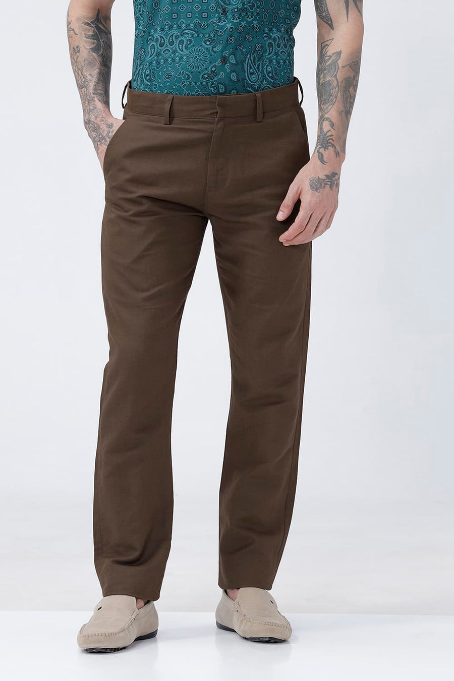BASICS TAPERED FIT DESERT PALM BROWN COTTON LINEN STRUCTURE TROUSER