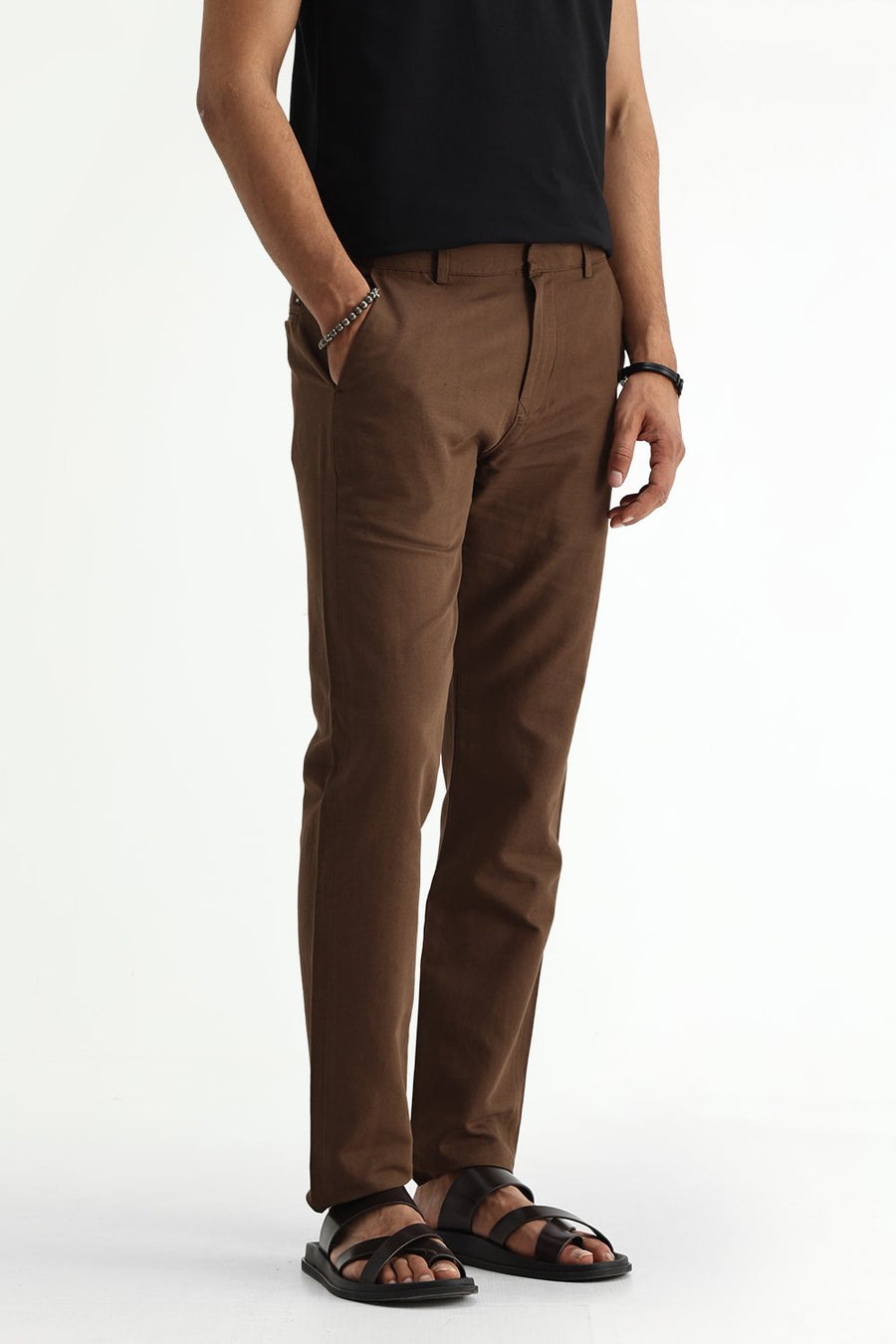 BASICS TAPERED FIT DESERT PALM BROWN COTTON LINEN STRUCTURE TROUSER
