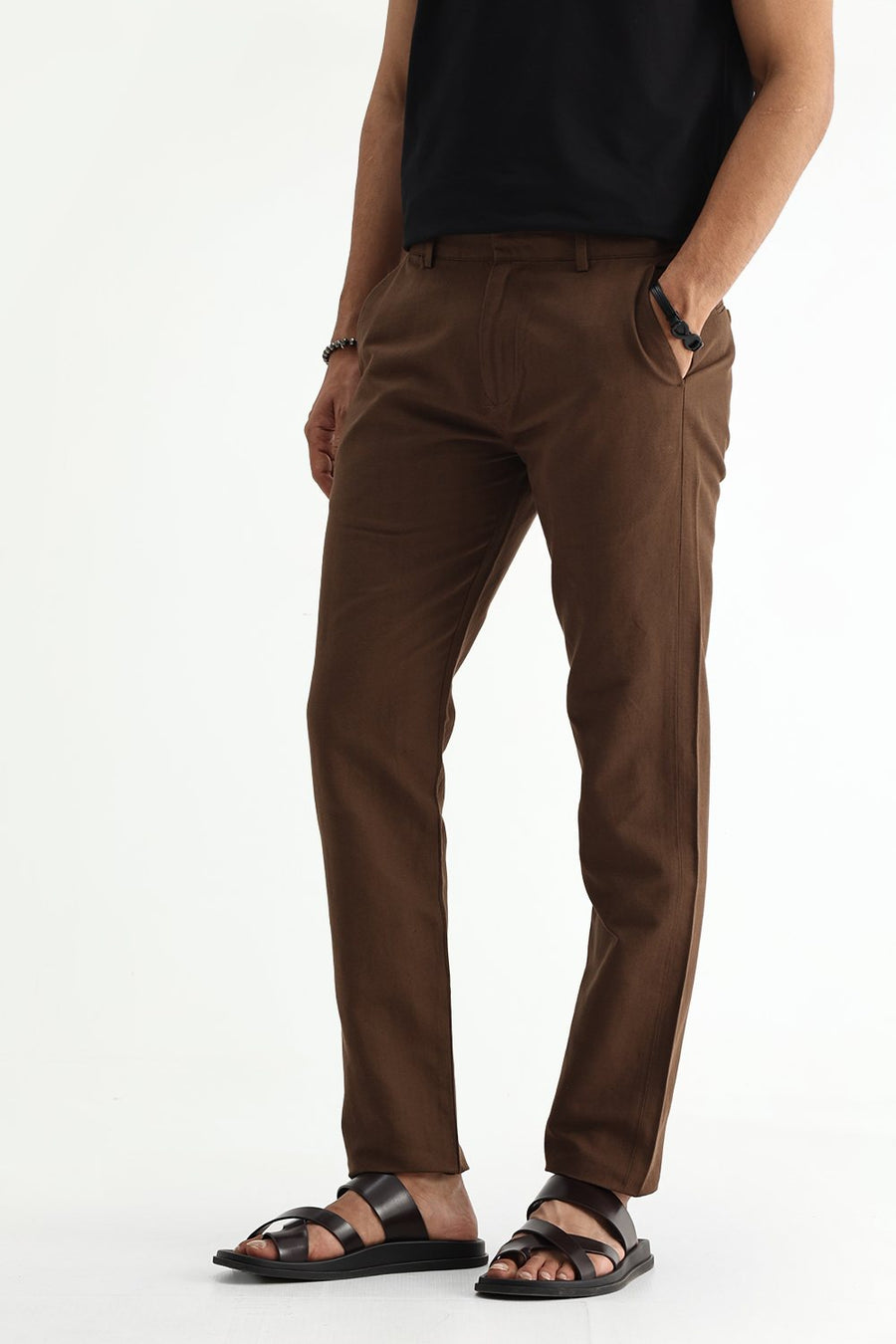 BASICS TAPERED FIT DESERT PALM BROWN COTTON LINEN STRUCTURE TROUSER