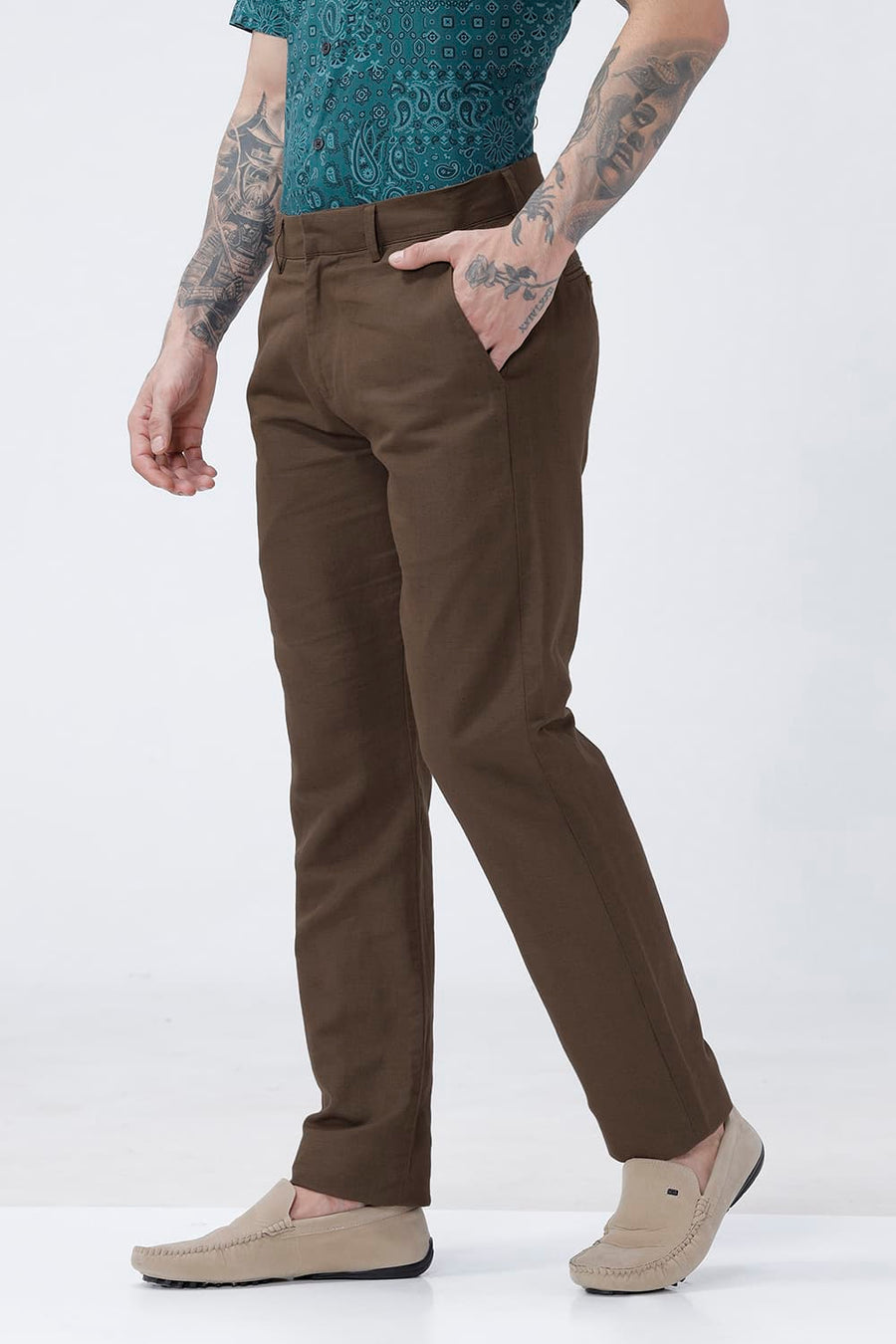 BASICS TAPERED FIT DESERT PALM BROWN COTTON LINEN STRUCTURE TROUSER