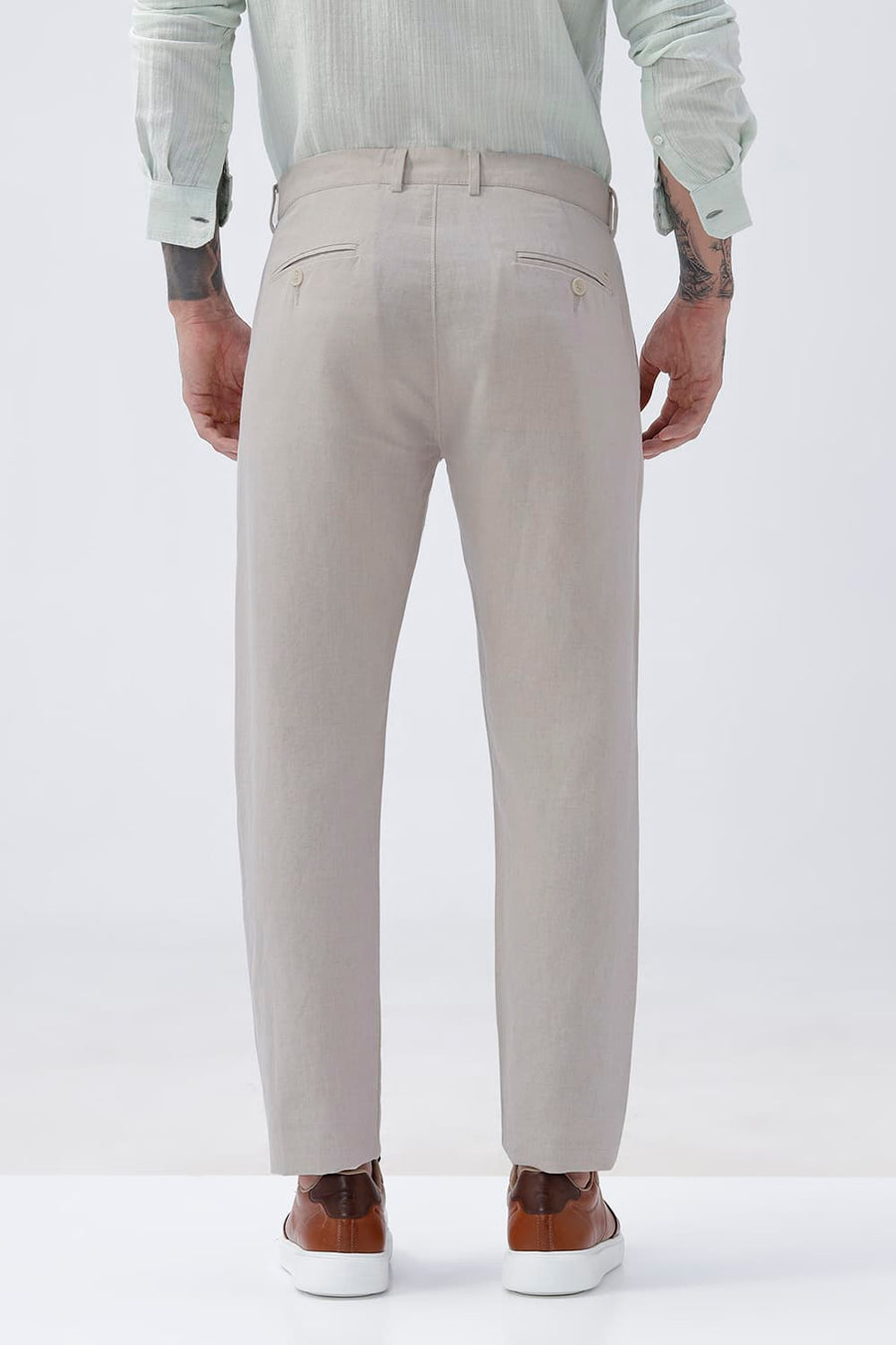 BASICS TAPERED FIT RAINY NATURAL COTTON LINEN STRUCTURE TROUSER
