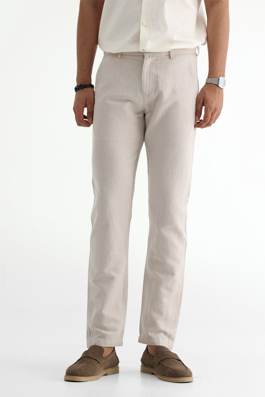 BASICS TAPERED FIT RAINY NATURAL COTTON LINEN STRUCTURE TROUSER