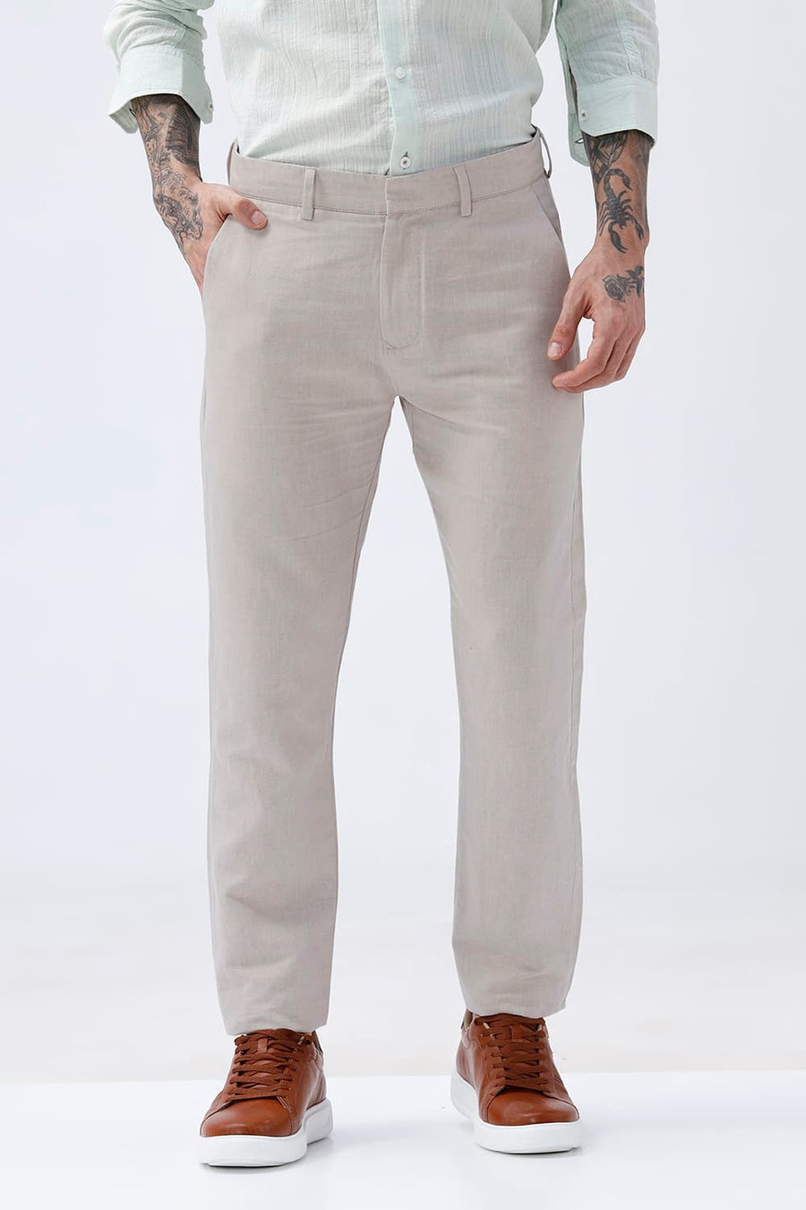 BASICS TAPERED FIT RAINY NATURAL COTTON LINEN STRUCTURE TROUSER