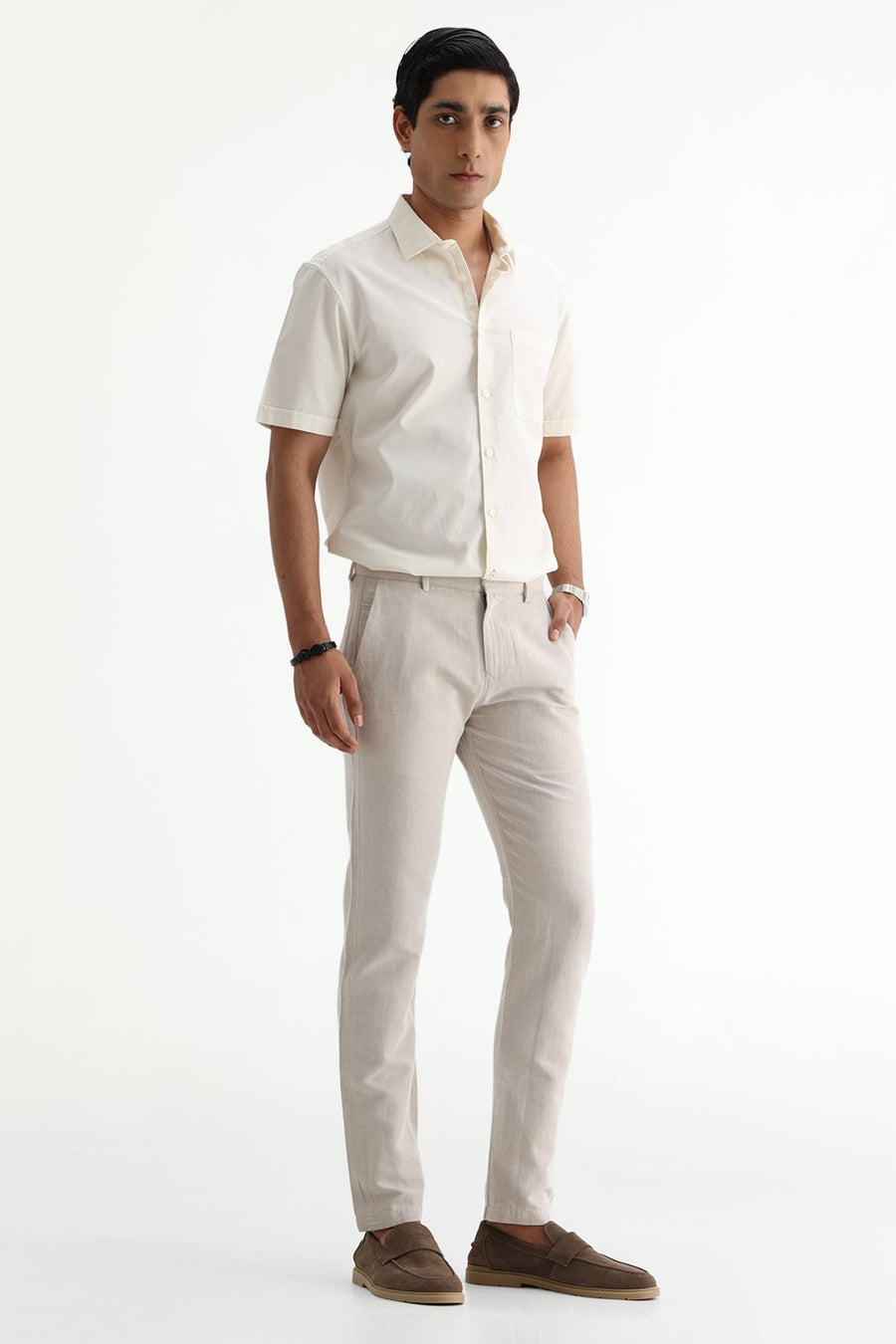 BASICS TAPERED FIT RAINY NATURAL COTTON LINEN STRUCTURE TROUSER