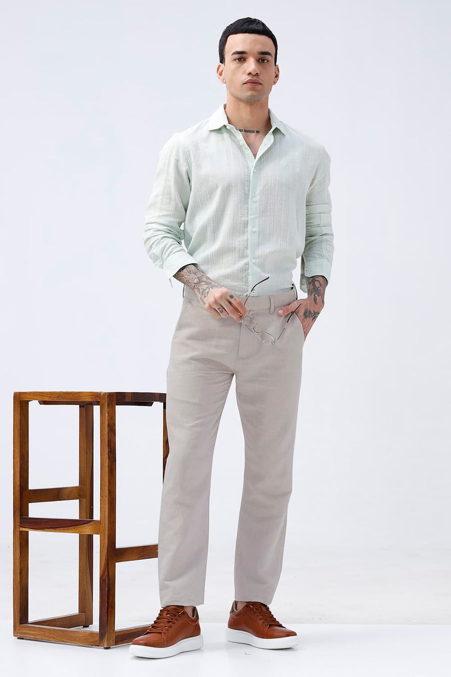 BASICS TAPERED FIT RAINY NATURAL COTTON LINEN STRUCTURE TROUSER