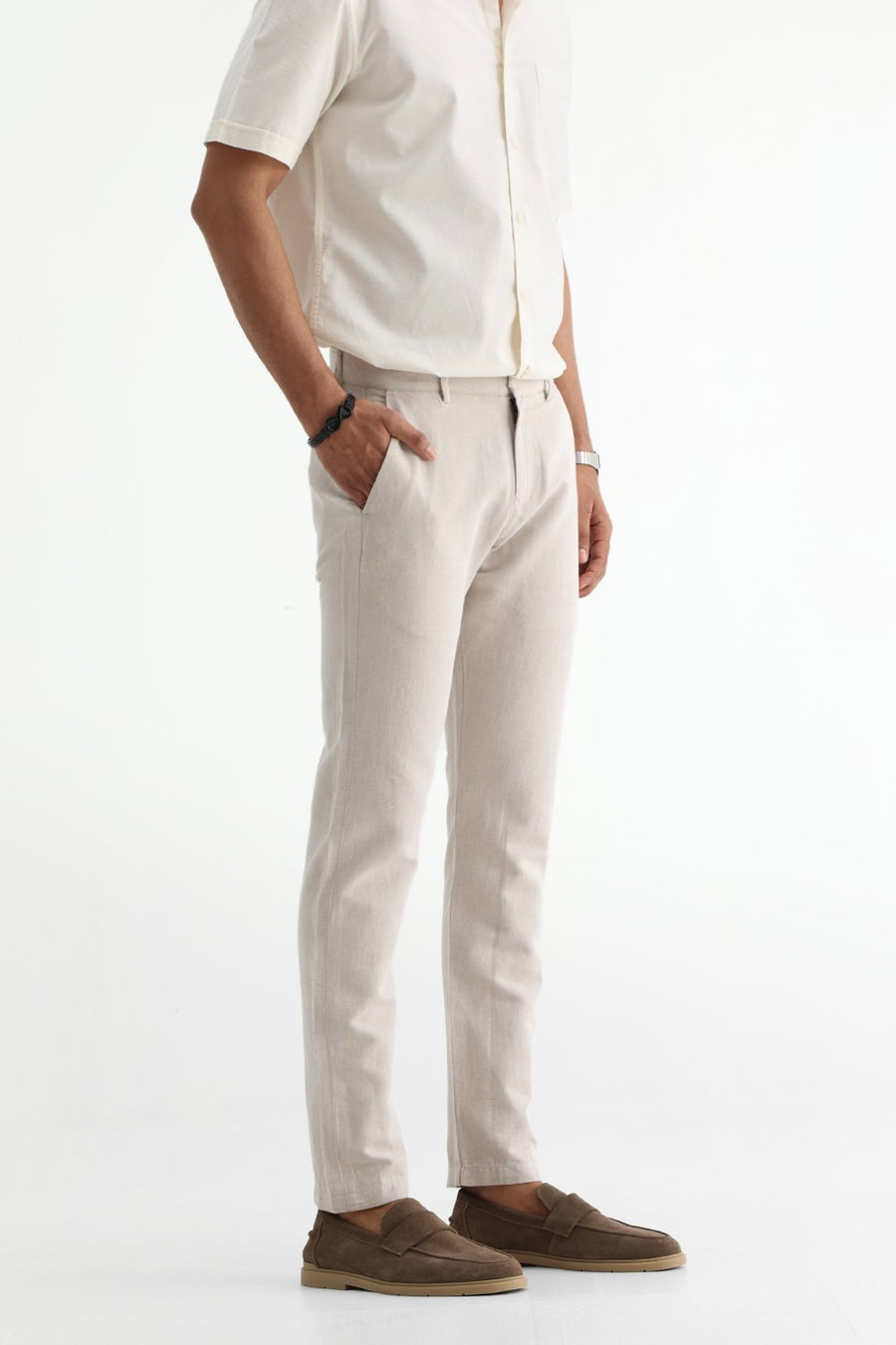 BASICS TAPERED FIT RAINY NATURAL COTTON LINEN STRUCTURE TROUSER