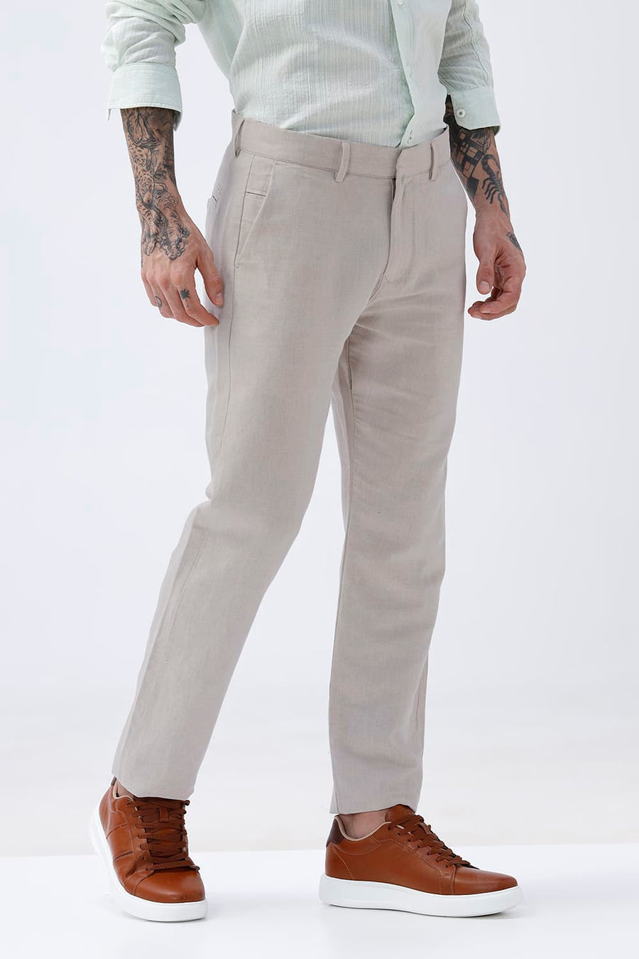 BASICS TAPERED FIT RAINY NATURAL COTTON LINEN STRUCTURE TROUSER