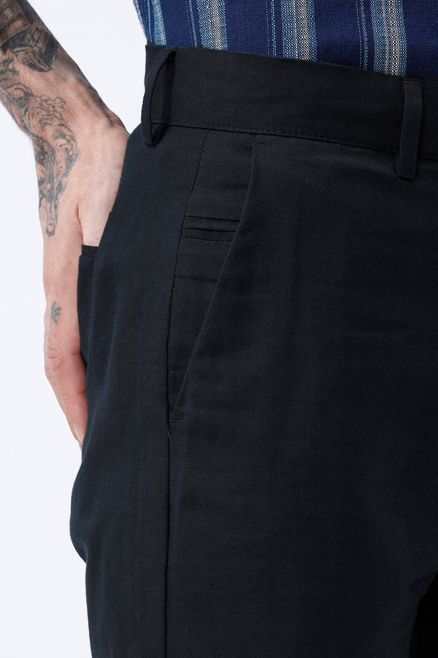 BASICS TAPERED FIT BLUBERRY NAVY COTTON LINEN STRUCTURE TROUSER