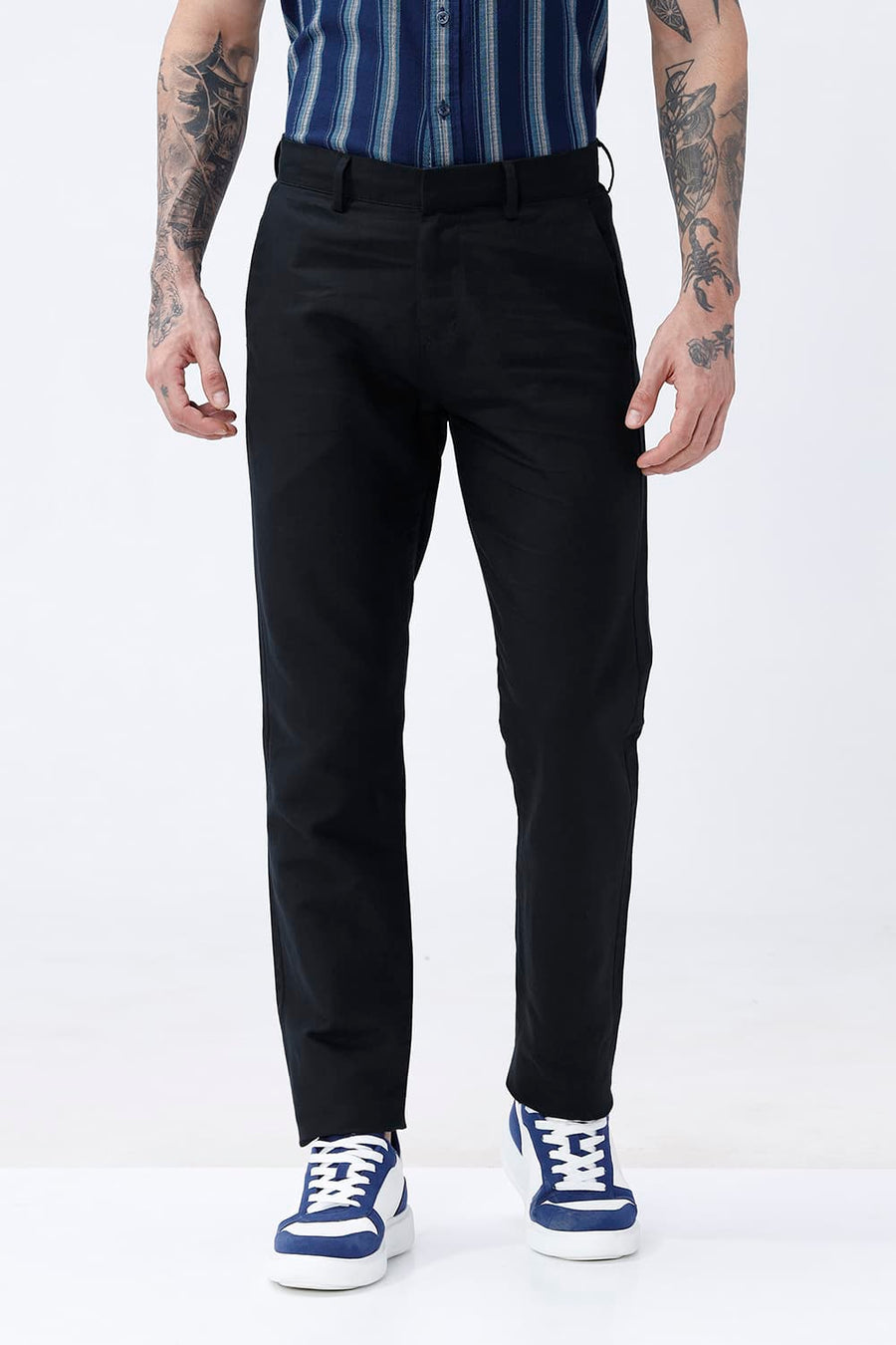BASICS TAPERED FIT BLUBERRY NAVY COTTON LINEN STRUCTURE TROUSER
