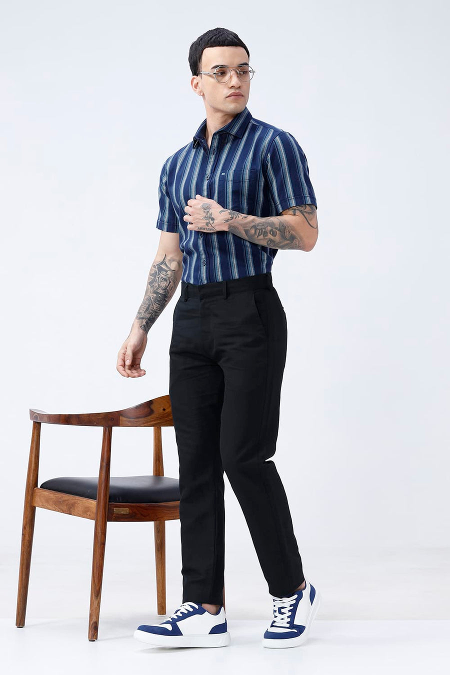 BASICS TAPERED FIT BLUBERRY NAVY COTTON LINEN STRUCTURE TROUSER