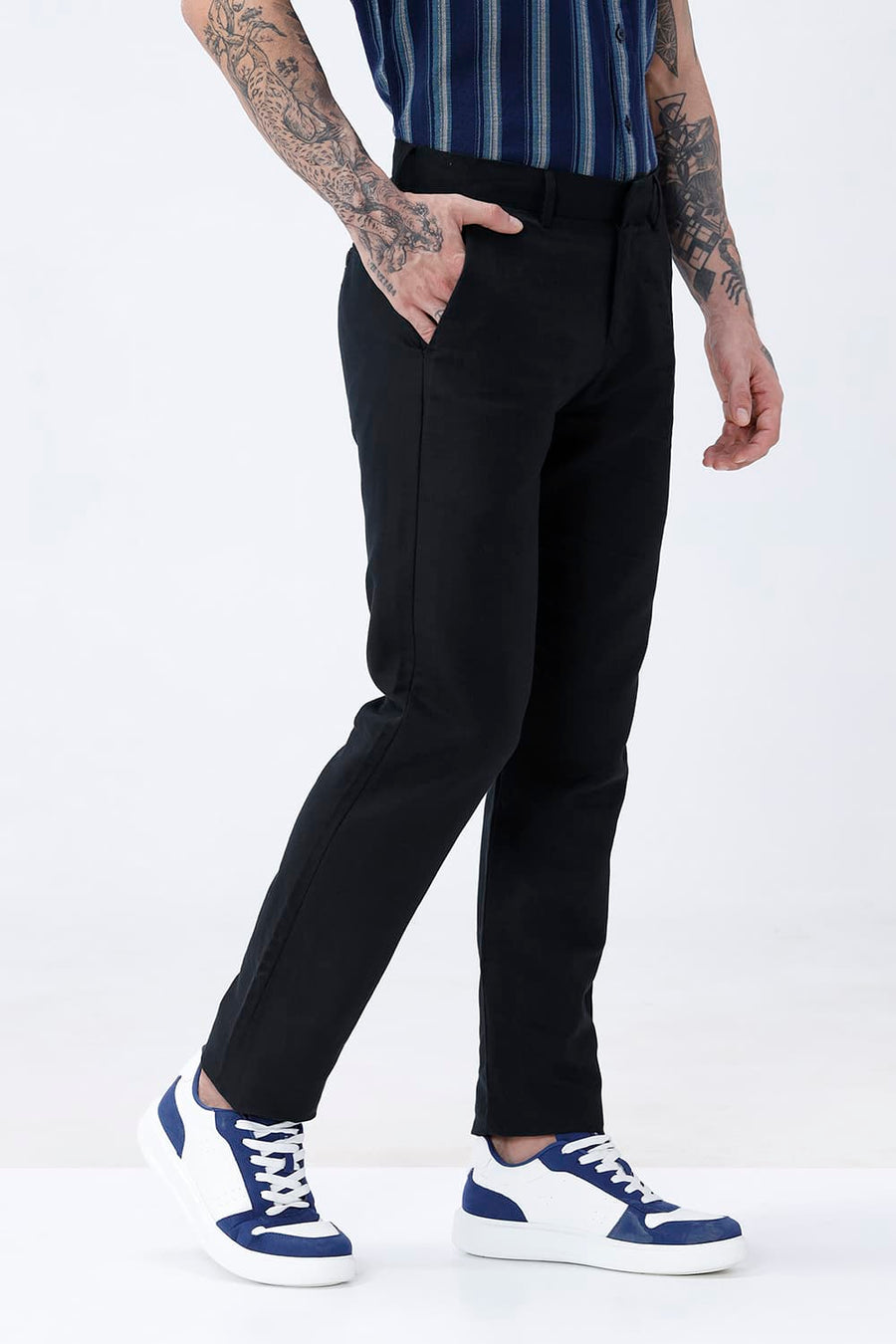 BASICS TAPERED FIT BLUBERRY NAVY COTTON LINEN STRUCTURE TROUSER