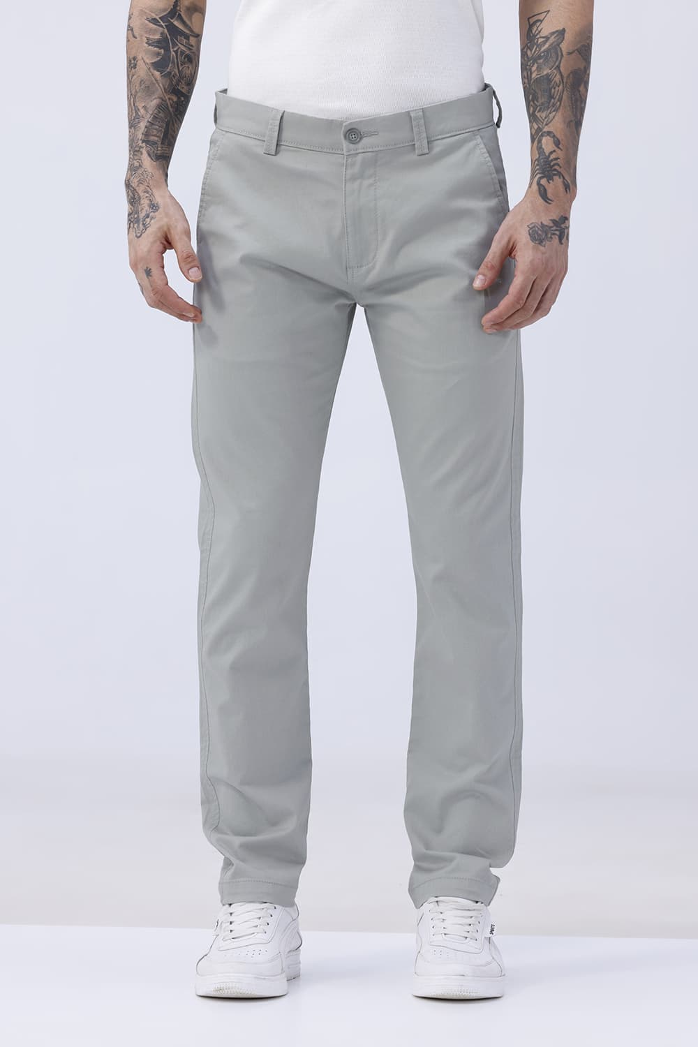BASICS TAPERED FIT MINERAL GREEN COTTON STRETCH STRUCTURE TROUSER