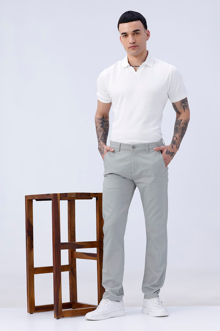 BASICS TAPERED FIT MINERAL GREEN COTTON STRETCH STRUCTURE TROUSER