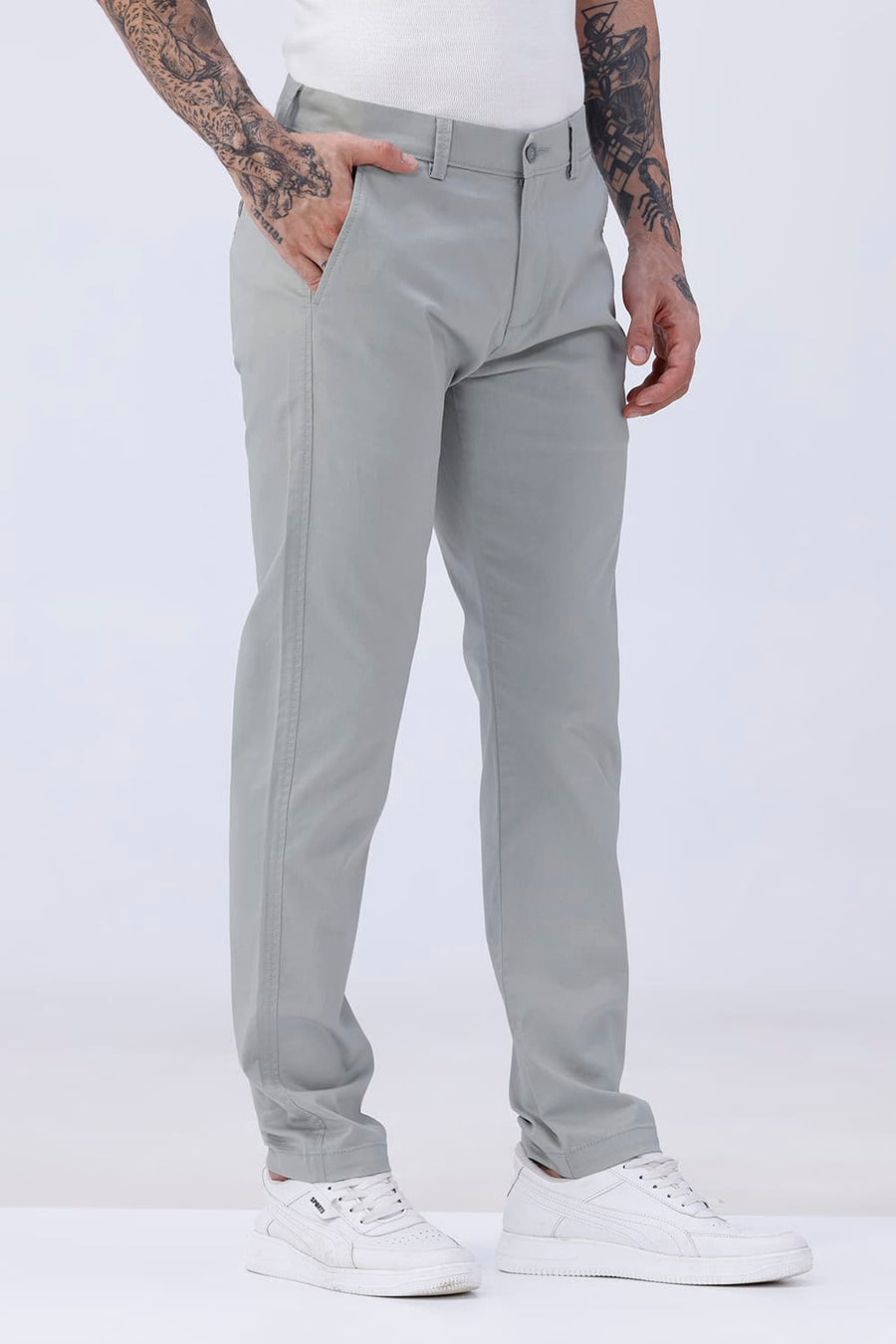 BASICS TAPERED FIT MINERAL GREEN COTTON STRETCH STRUCTURE TROUSER