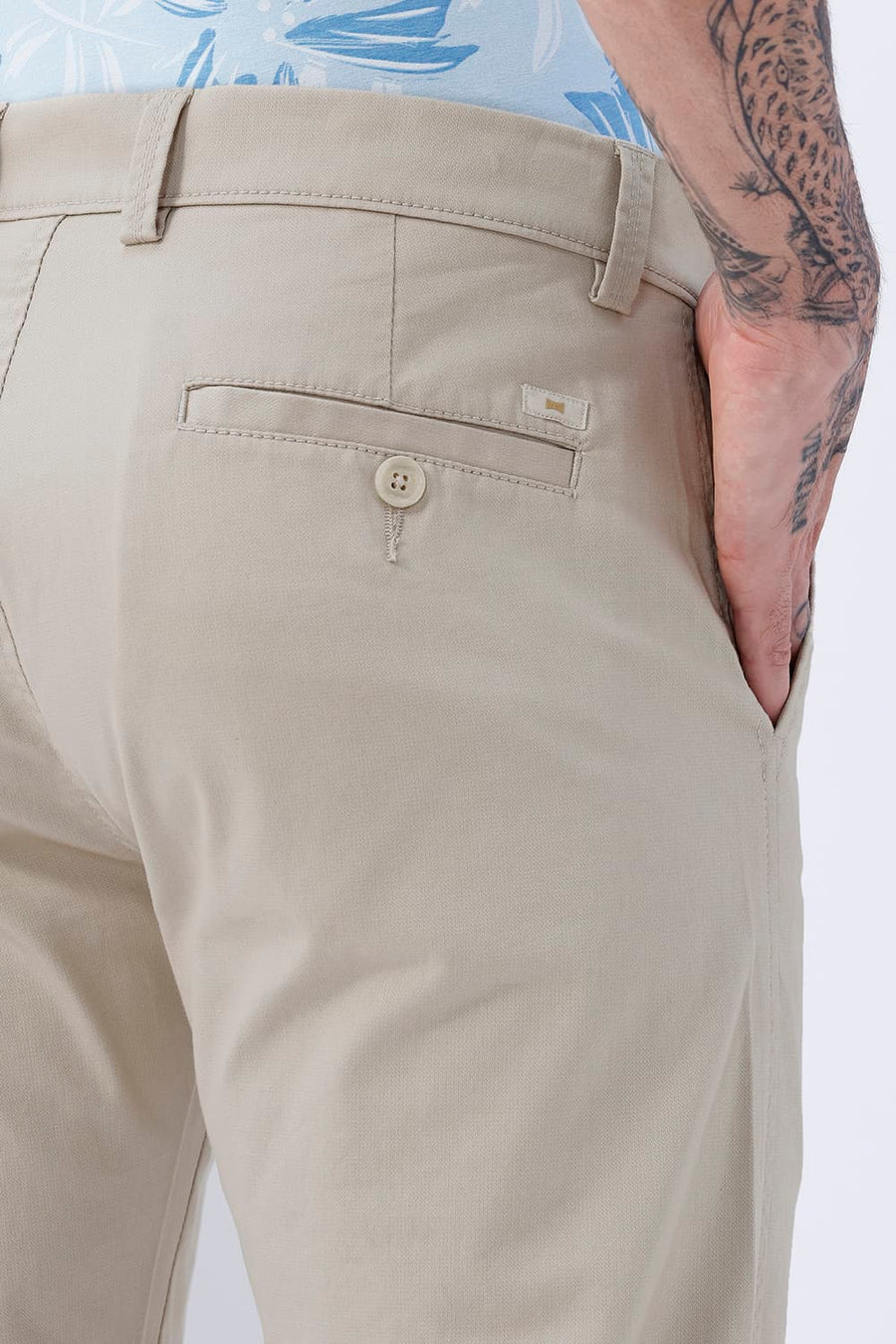 BASICS TAPERED FIT DOESKIN BEIGE COTTON STRETCH STRUCTURE TROUSER