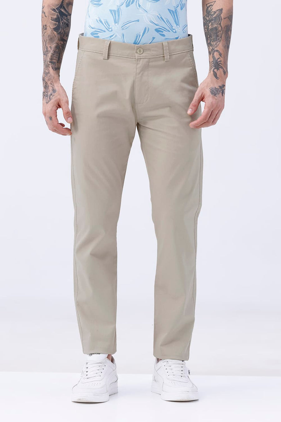 BASICS TAPERED FIT DOESKIN BEIGE COTTON STRETCH STRUCTURE TROUSER