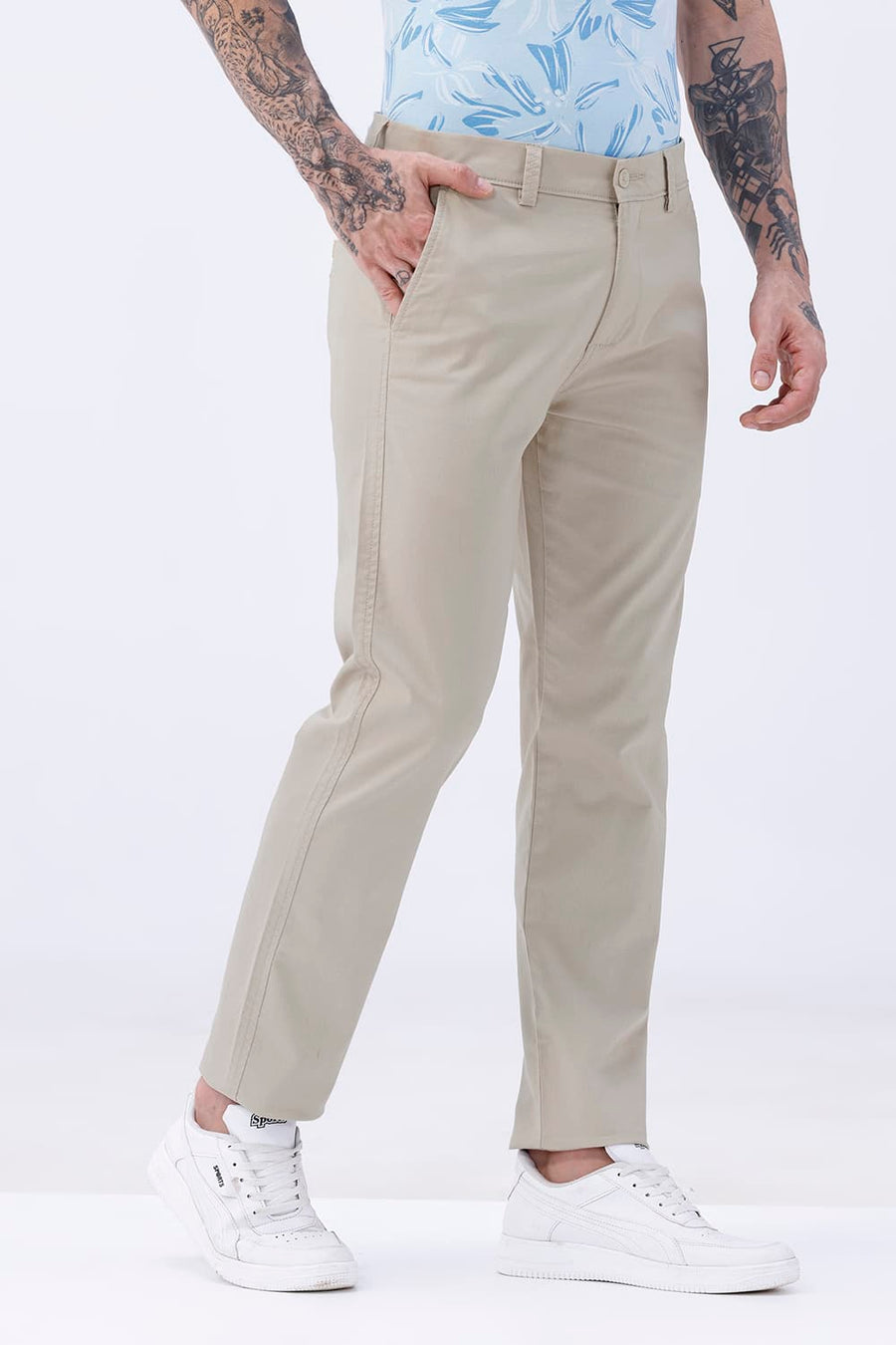 BASICS TAPERED FIT DOESKIN BEIGE COTTON STRETCH STRUCTURE TROUSER
