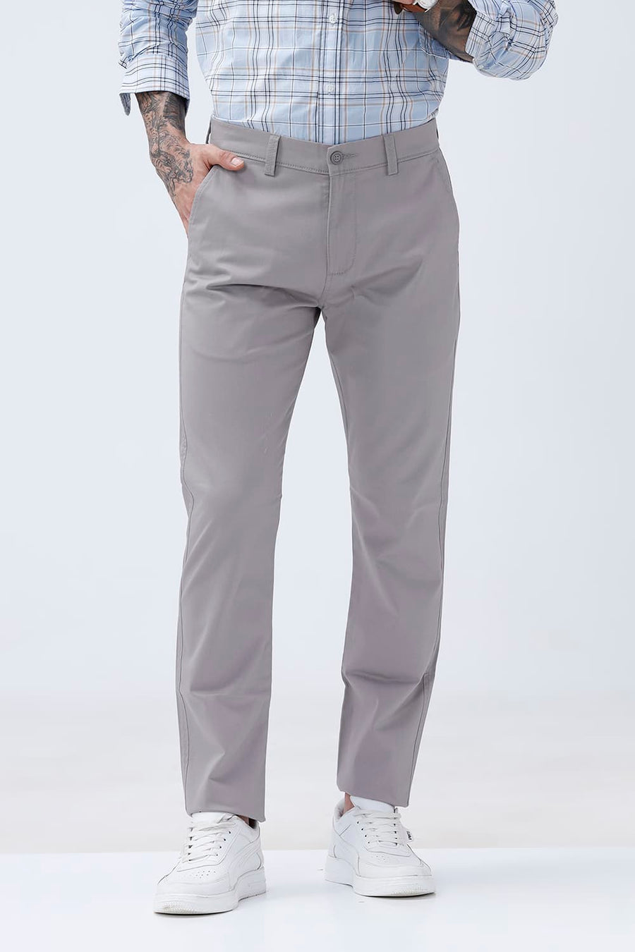 BASICS TAPERED FIT GRAY MORNING COTTON STRETCH STRUCTURE TROUSER
