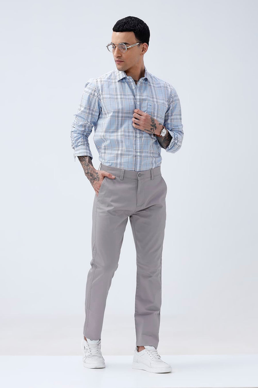 BASICS TAPERED FIT GRAY MORNING COTTON STRETCH STRUCTURE TROUSER