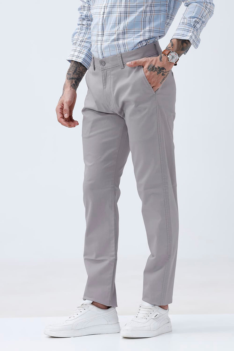 BASICS TAPERED FIT GRAY MORNING COTTON STRETCH STRUCTURE TROUSER