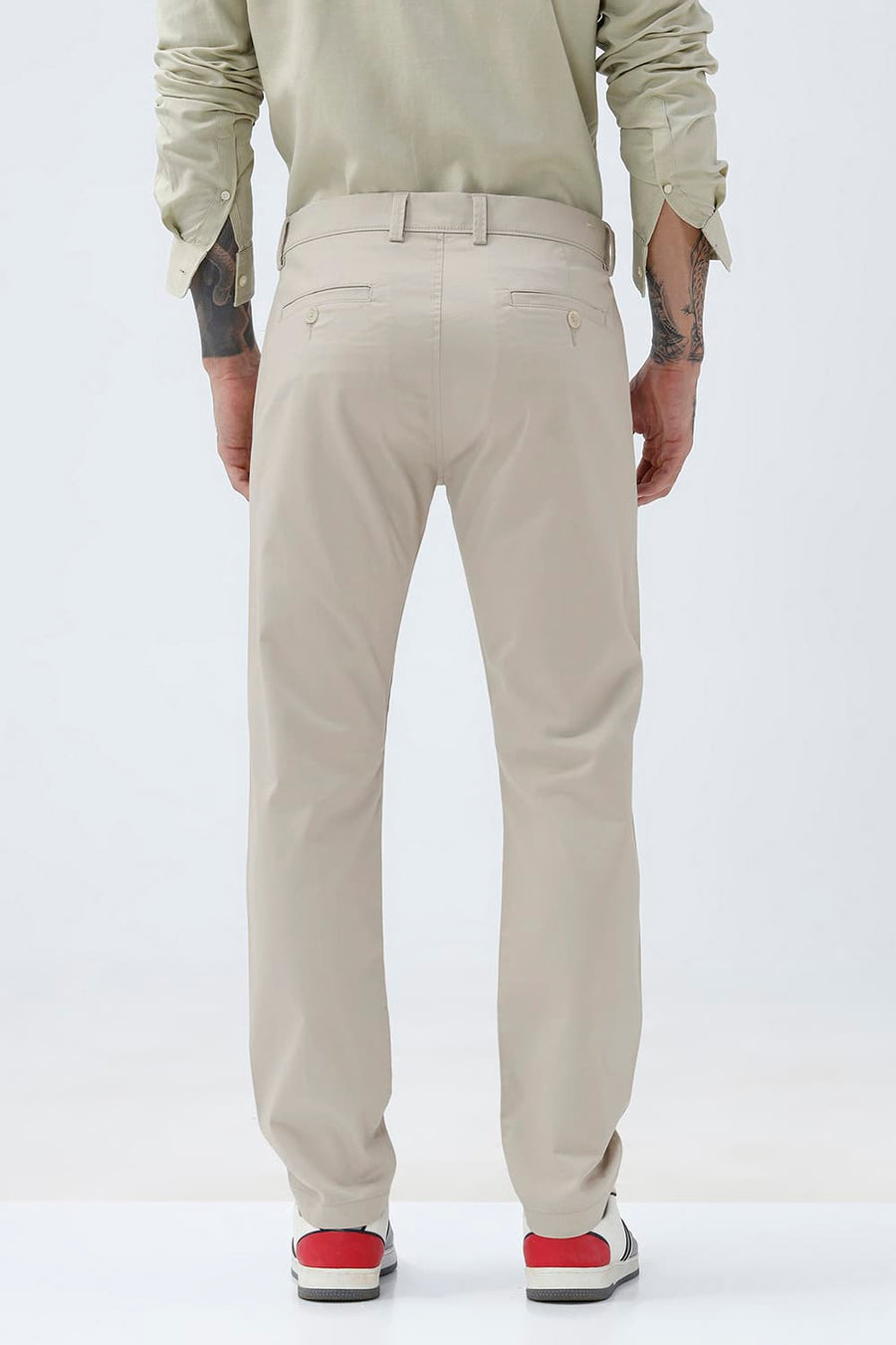 BASICS TAPERED FIT SILVER BEIGE COTTON STRETCH STRUCTURE TROUSER