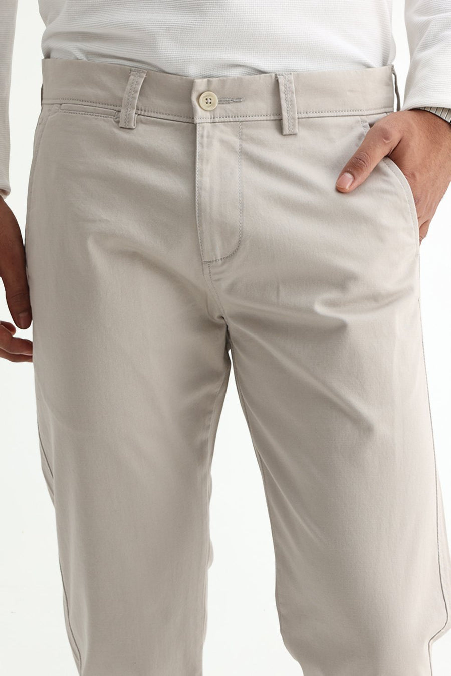 BASICS TAPERED FIT SILVER BEIGE COTTON STRETCH STRUCTURE TROUSER