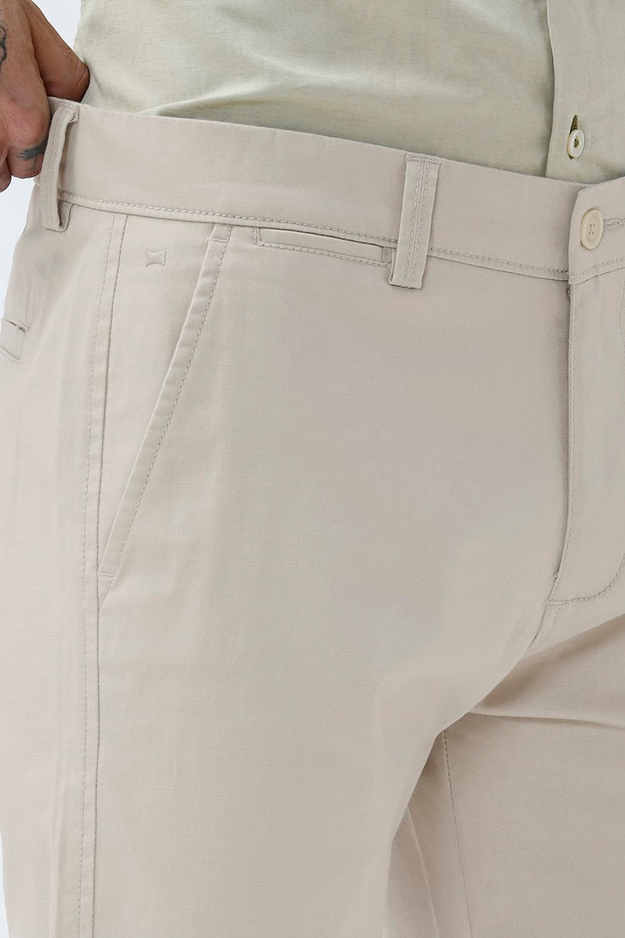 BASICS TAPERED FIT SILVER BEIGE COTTON STRETCH STRUCTURE TROUSER