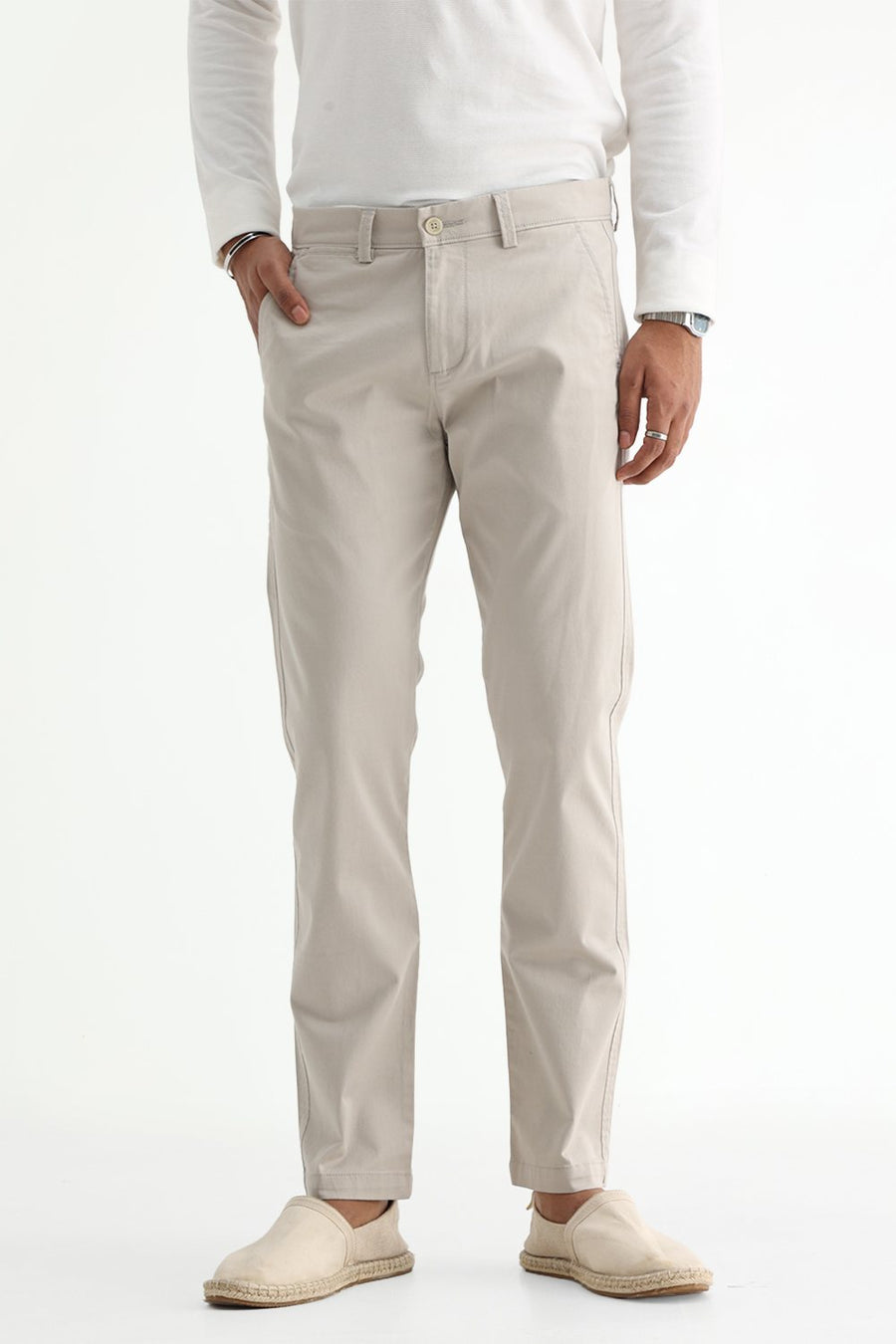 BASICS TAPERED FIT SILVER BEIGE COTTON STRETCH STRUCTURE TROUSER