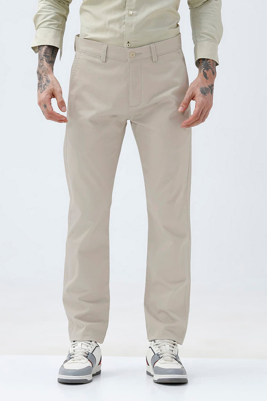 BASICS TAPERED FIT SILVER BEIGE COTTON STRETCH STRUCTURE TROUSER