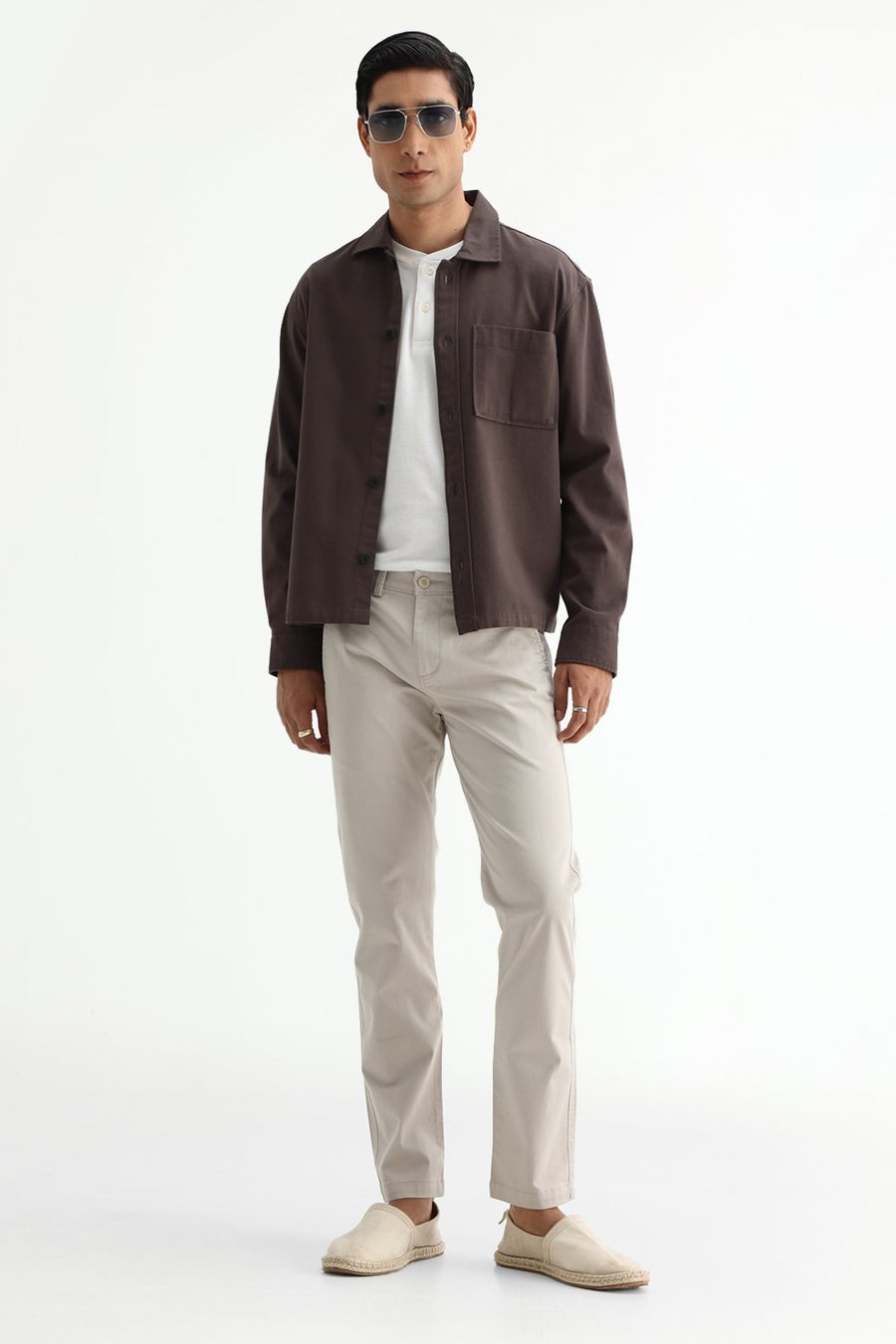 BASICS TAPERED FIT SILVER BEIGE COTTON STRETCH STRUCTURE TROUSER