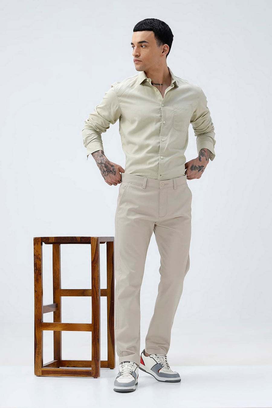 BASICS TAPERED FIT SILVER BEIGE COTTON STRETCH STRUCTURE TROUSER