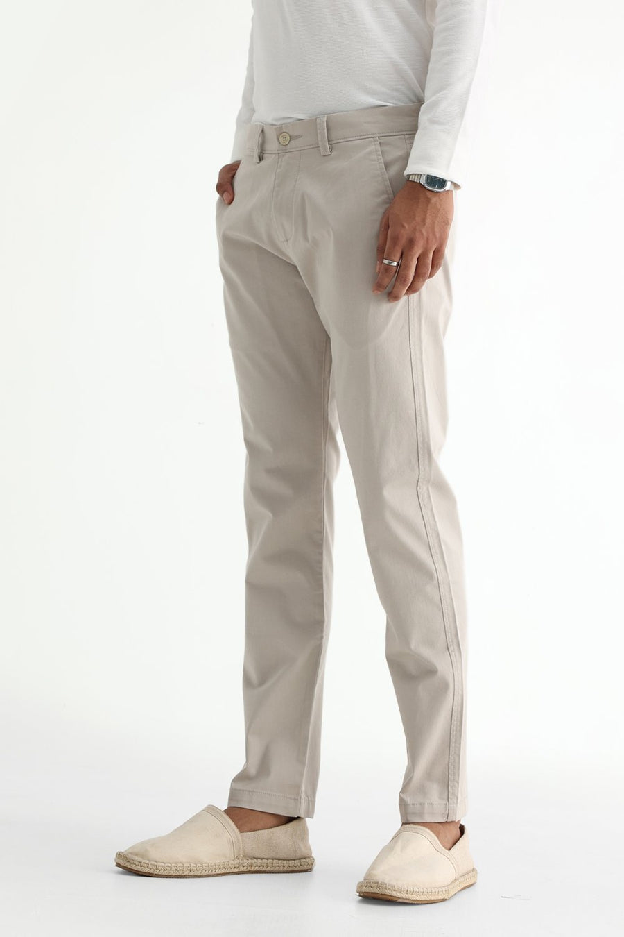 BASICS TAPERED FIT SILVER BEIGE COTTON STRETCH STRUCTURE TROUSER