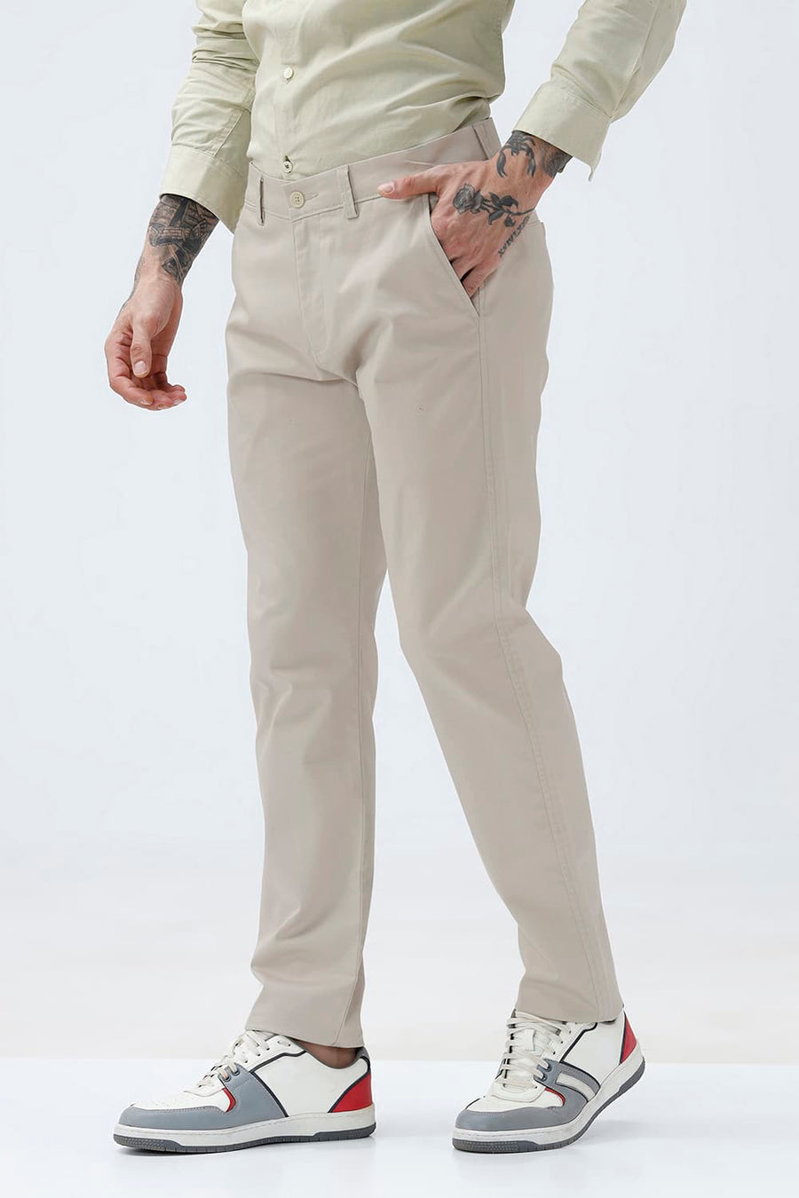 BASICS TAPERED FIT SILVER BEIGE COTTON STRETCH STRUCTURE TROUSER