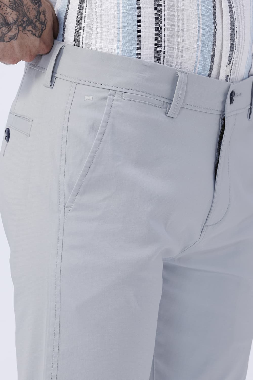 BASICS TAPERED FIT SECRET SPACES BLUE COTTON STRETCH STRUCTURE TROUSER