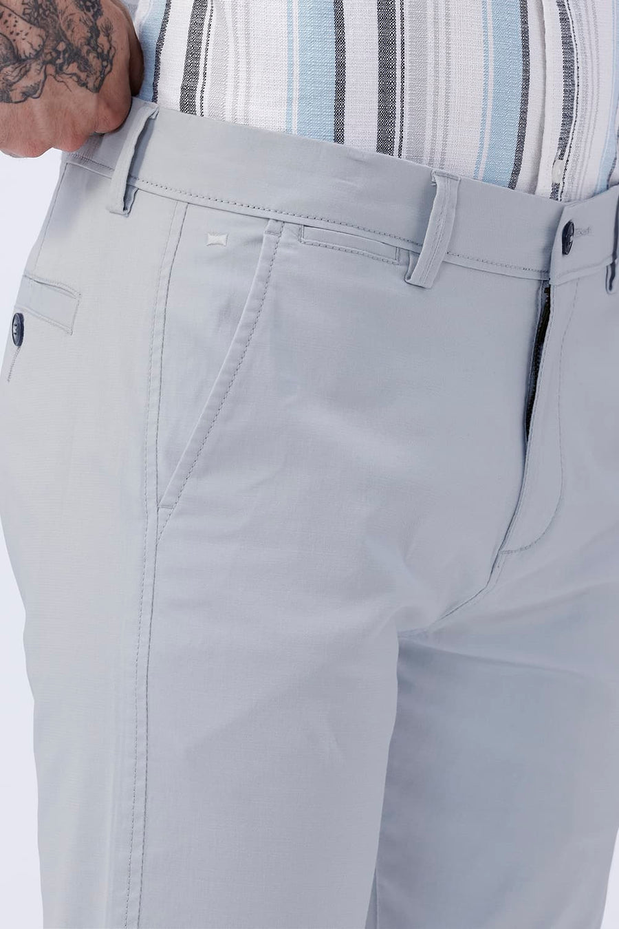 BASICS TAPERED FIT SECRET SPACES BLUE COTTON STRETCH STRUCTURE TROUSER