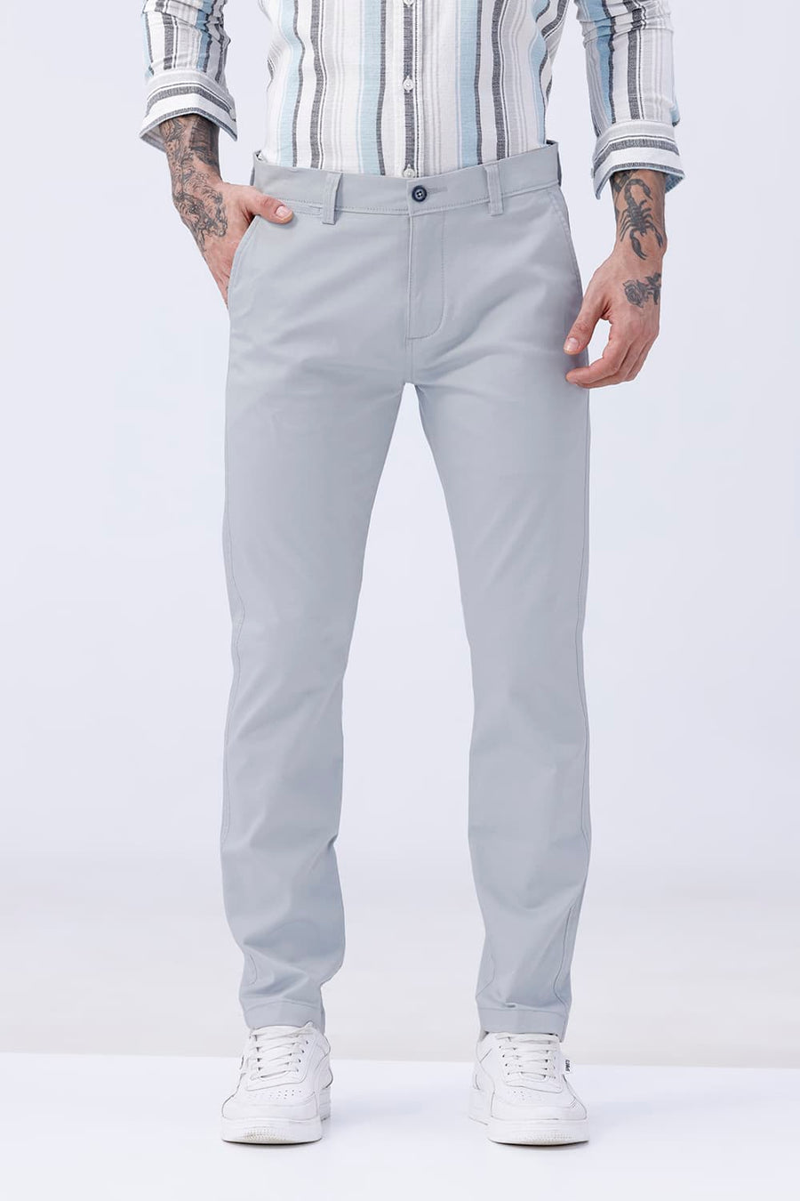 BASICS TAPERED FIT SECRET SPACES BLUE COTTON STRETCH STRUCTURE TROUSER
