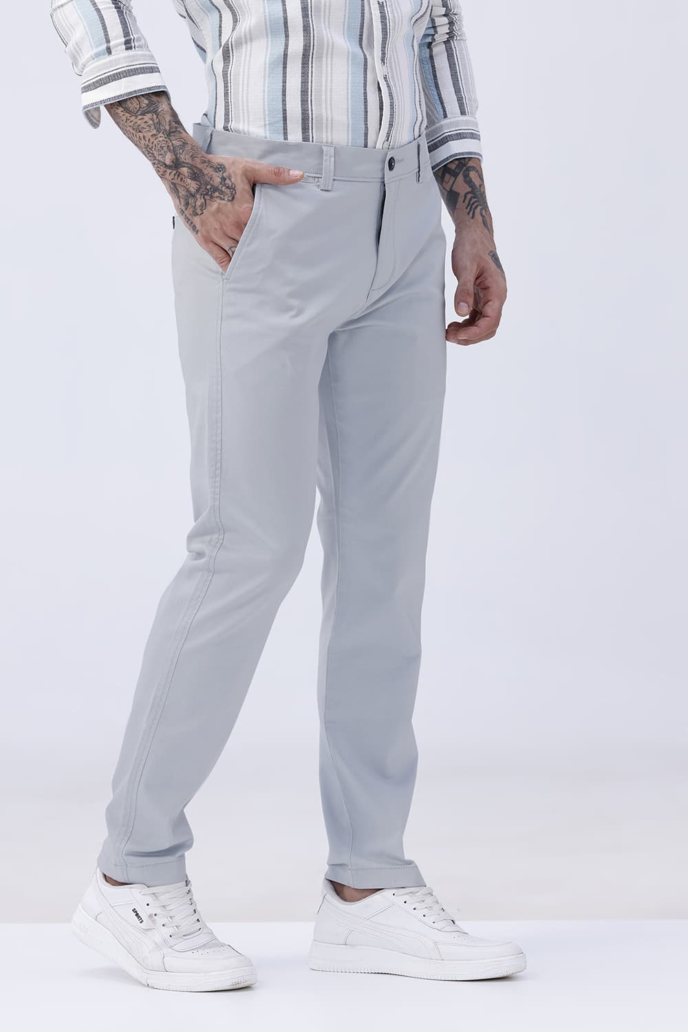BASICS TAPERED FIT SECRET SPACES BLUE COTTON STRETCH STRUCTURE TROUSER