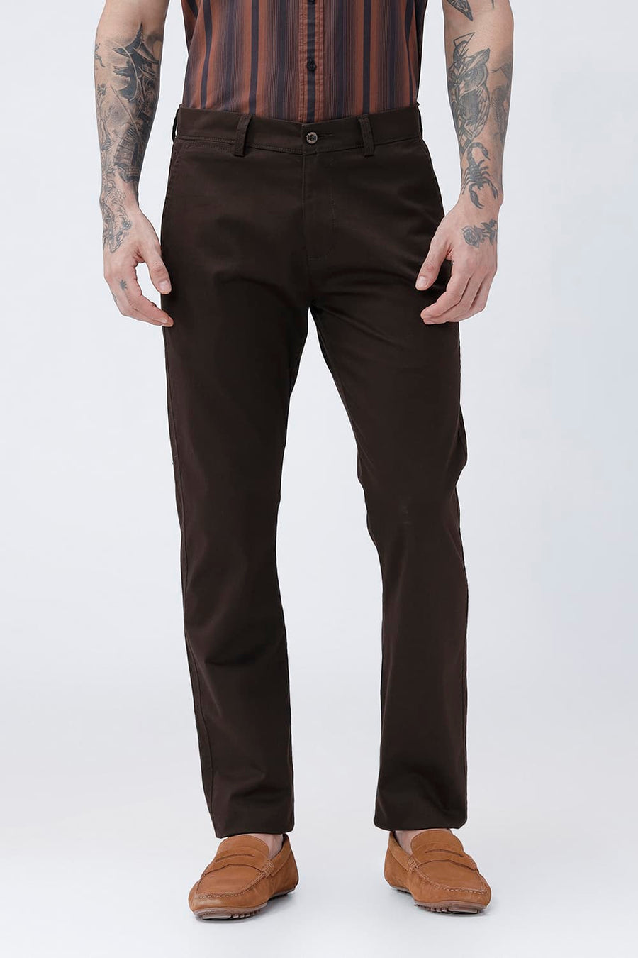 BASICS TAPERED FIT MULCH DARK BROWN COTTON STRETCH STRUCTURE TROUSER
