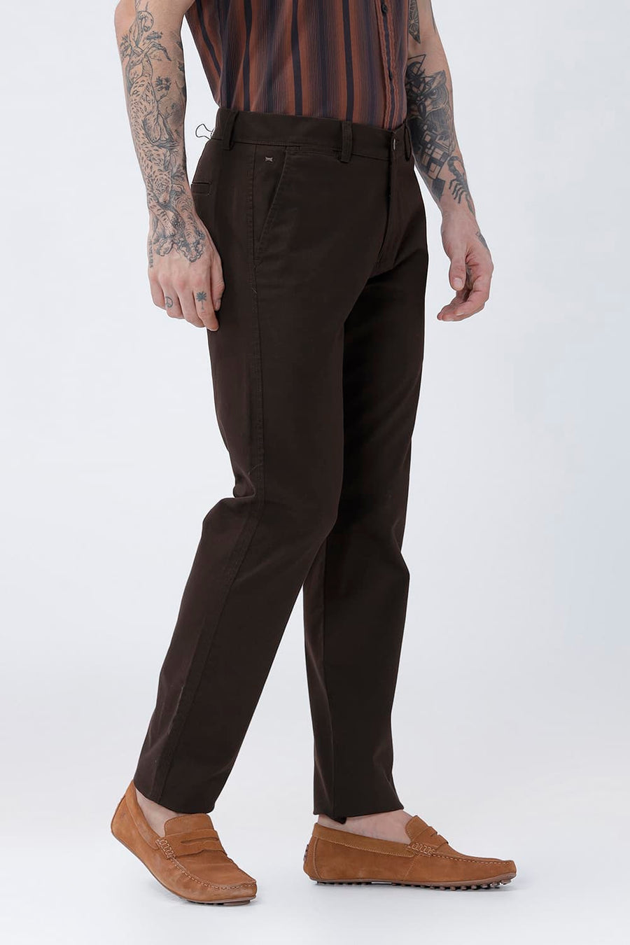 BASICS TAPERED FIT MULCH DARK BROWN COTTON STRETCH STRUCTURE TROUSER