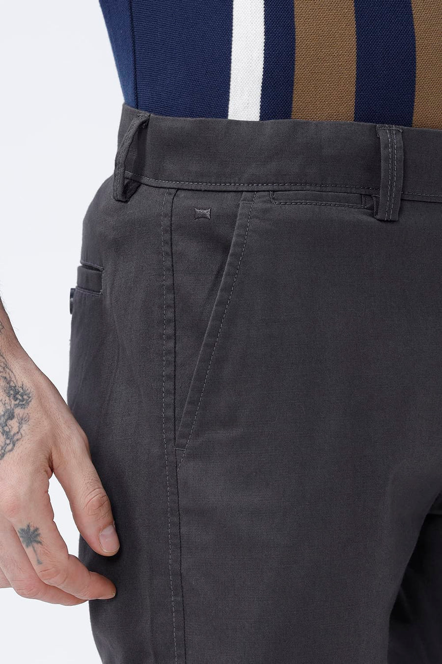BASICS TAPERED FIT CAMO MID GREY COTTON STRETCH STRUCTURE TROUSER