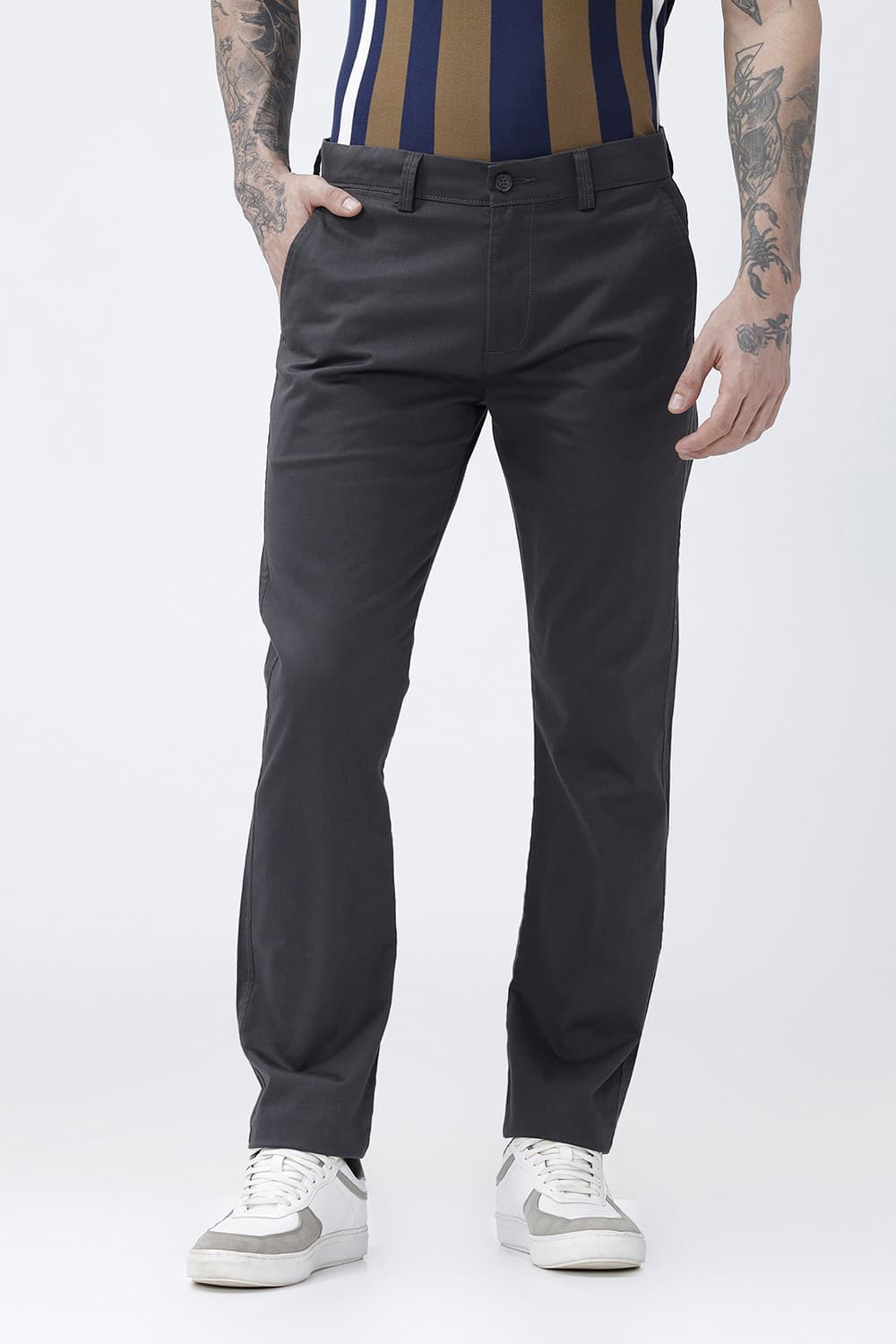 BASICS TAPERED FIT CAMO MID GREY COTTON STRETCH STRUCTURE TROUSER