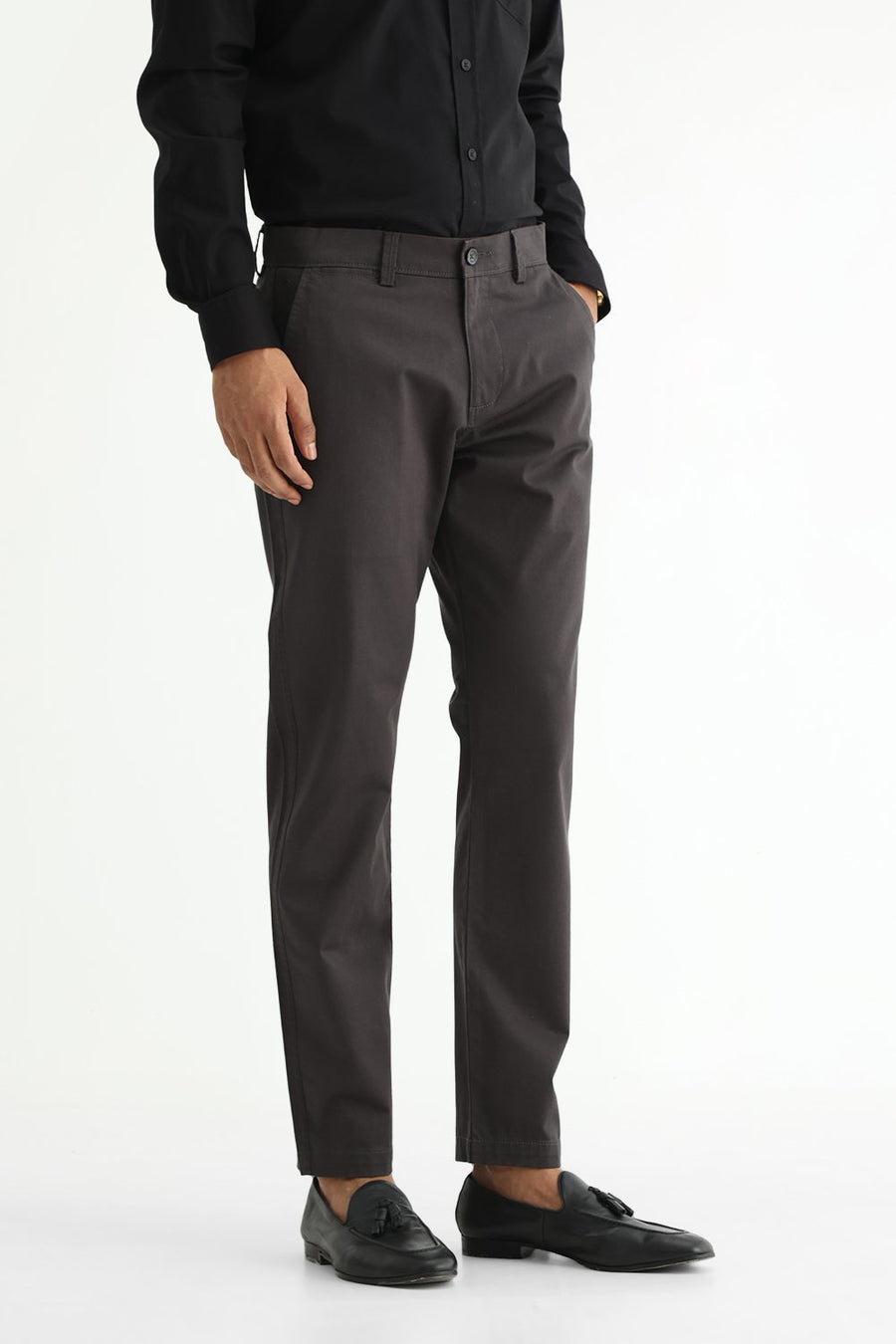 BASICS TAPERED FIT CAMO MID GREY COTTON STRETCH STRUCTURE TROUSER