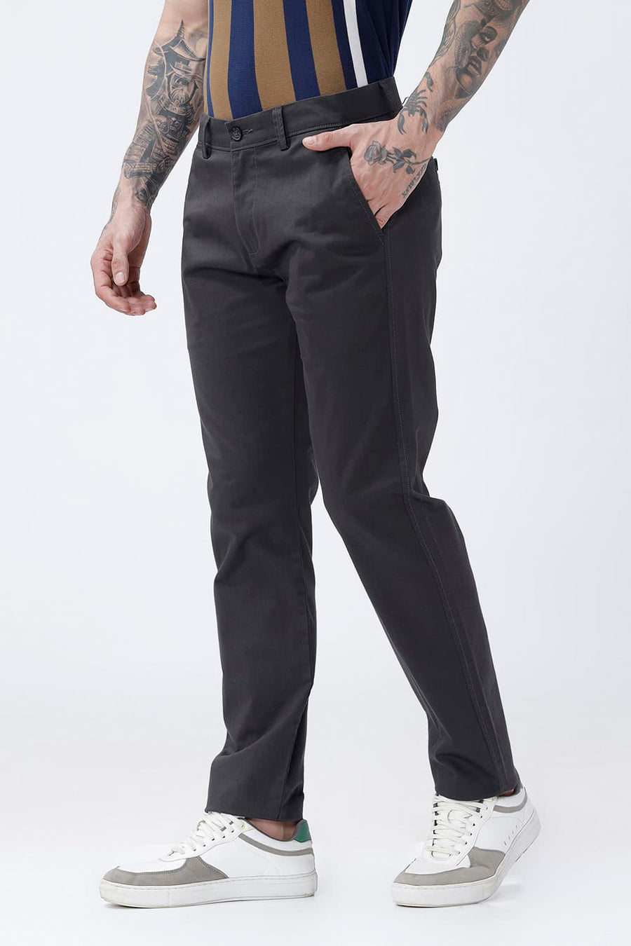 BASICS TAPERED FIT CAMO MID GREY COTTON STRETCH STRUCTURE TROUSER