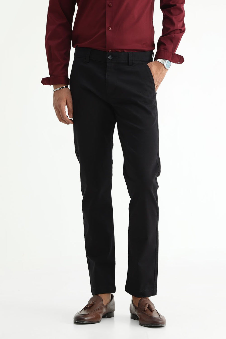 BASICS TAPERED FIT BLACK BEAUTY COTTON STRETCH STRUCTURE TROUSER