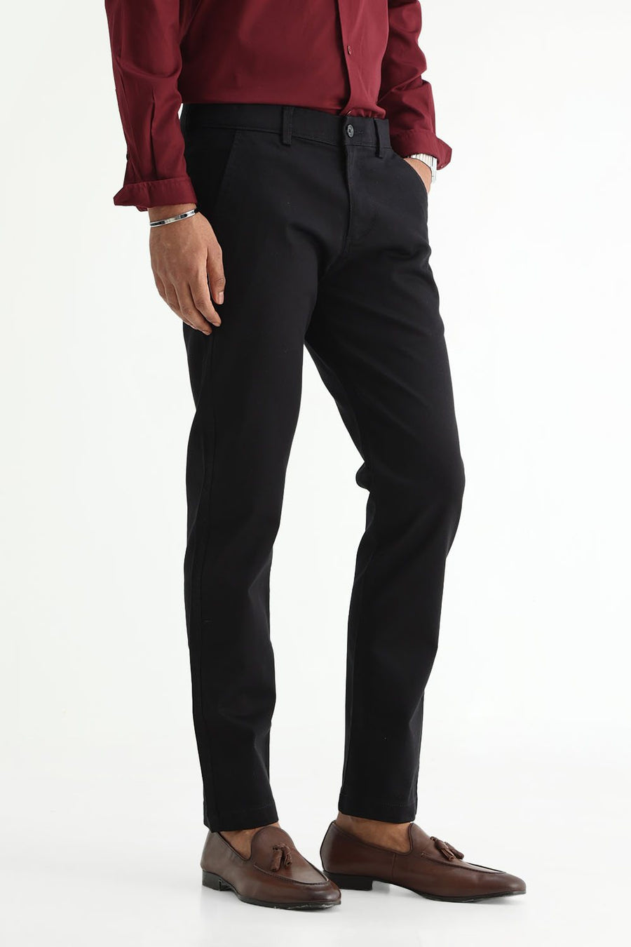 BASICS TAPERED FIT BLACK BEAUTY COTTON STRETCH STRUCTURE TROUSER
