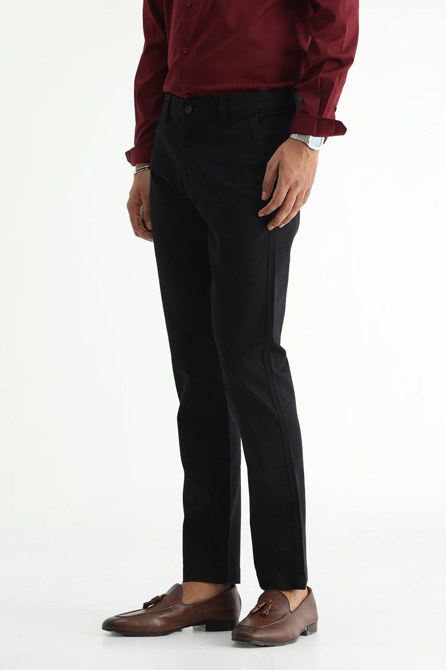 BASICS TAPERED FIT BLACK BEAUTY COTTON STRETCH STRUCTURE TROUSER