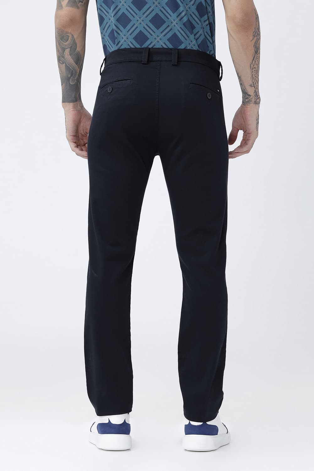 BASICS TAPERED FIT COLLEGIATE NAVY COTTON STRETCH STRUCTURE TROUSER